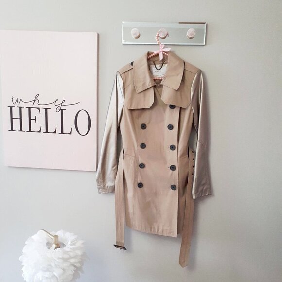 Preloved BCBG belted khaki gold faux leather sleeve trench coat jacket - Picture 7 of 16
